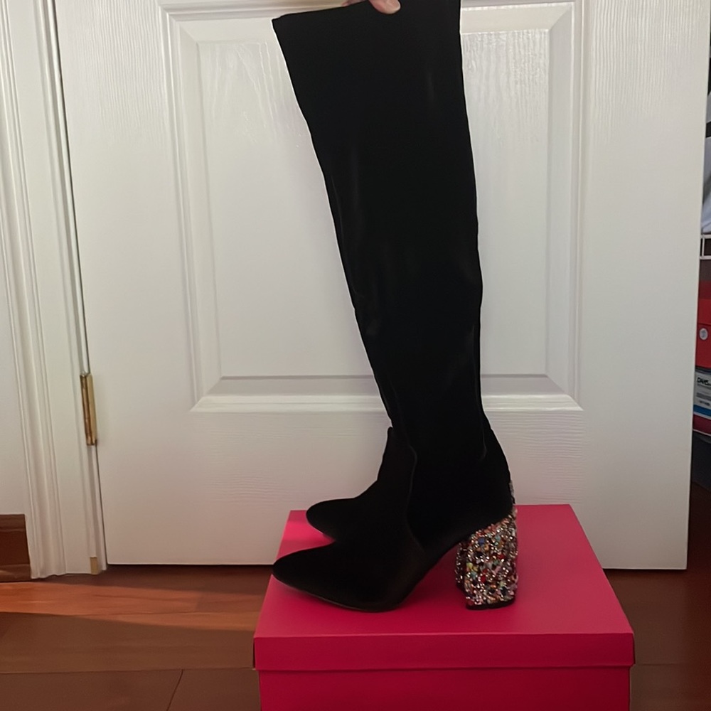 Betsy Johnson Suede Thigh High Jeweled Heel Size 7.5
